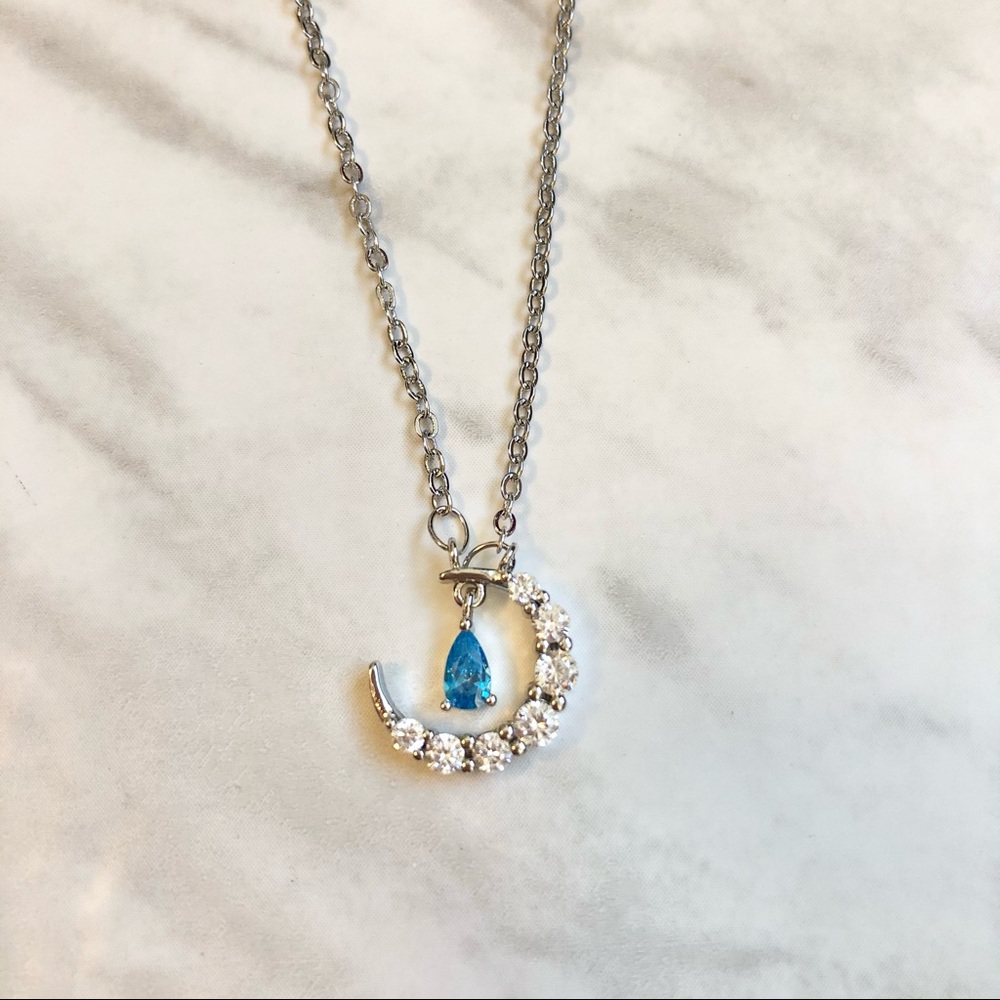 New Sterling Silver 925 Crescent Moon Crystal adjustable Necklace